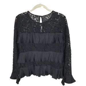 J Crew Black Lace Tiered Pleated Long Sleeve Blouse